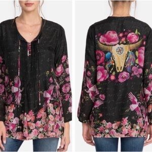 Johnny Was Nerissa Sheer Silk Top Western Cow Skull & Flowers Small NWT